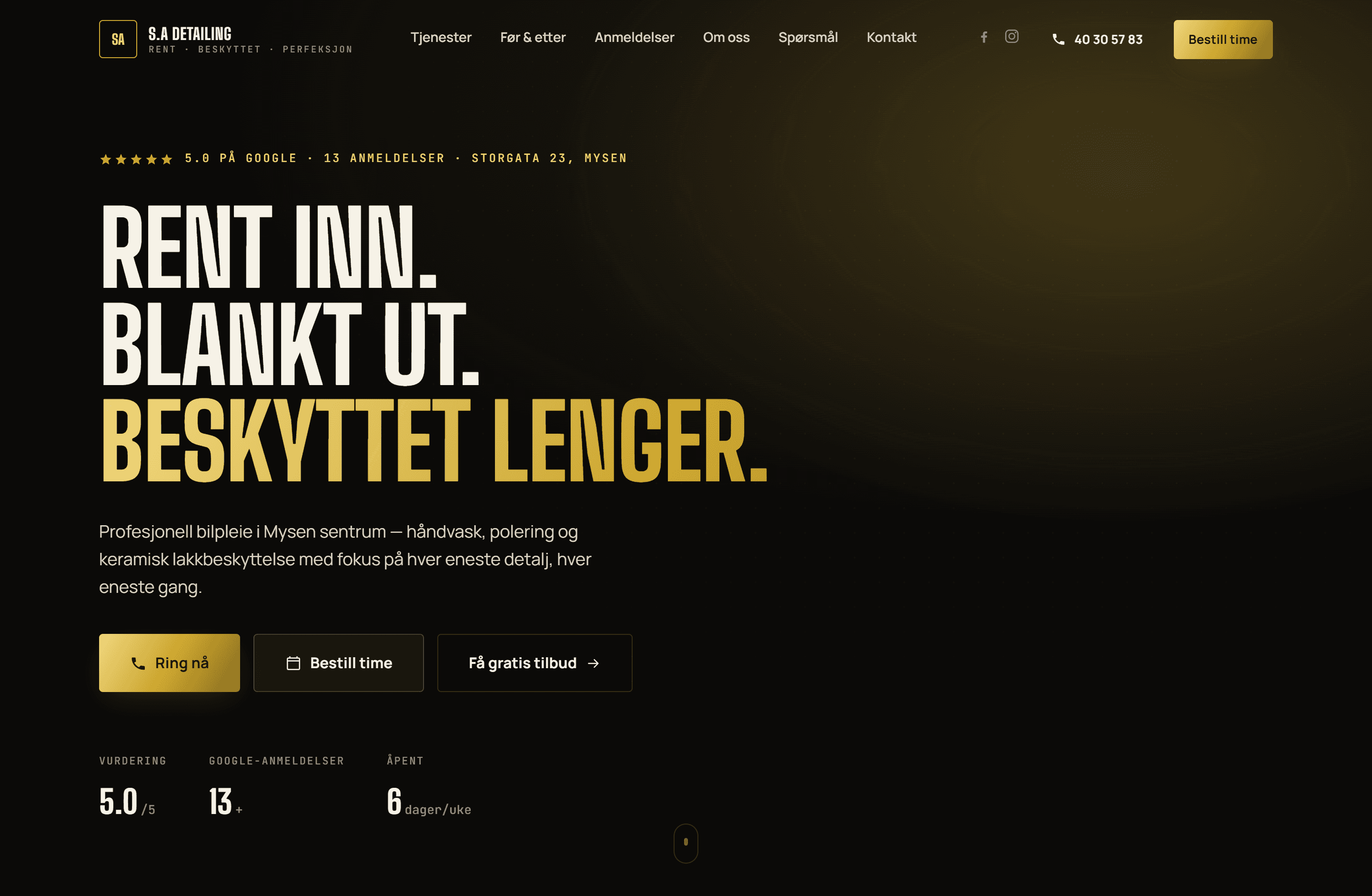 Forsiden til S.A Detailing med gull typografi mot sort bakgrunn